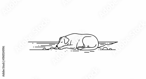 Stylized line art of a dog sleeping peacefully on textured ground