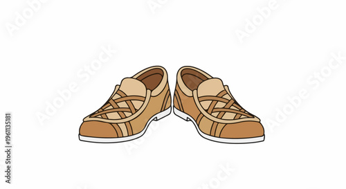 Two brown laced shoes with white soles displayed side by side