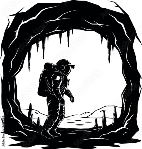 Astronaut exploring mysterious cave with icy formations inside dark cavern