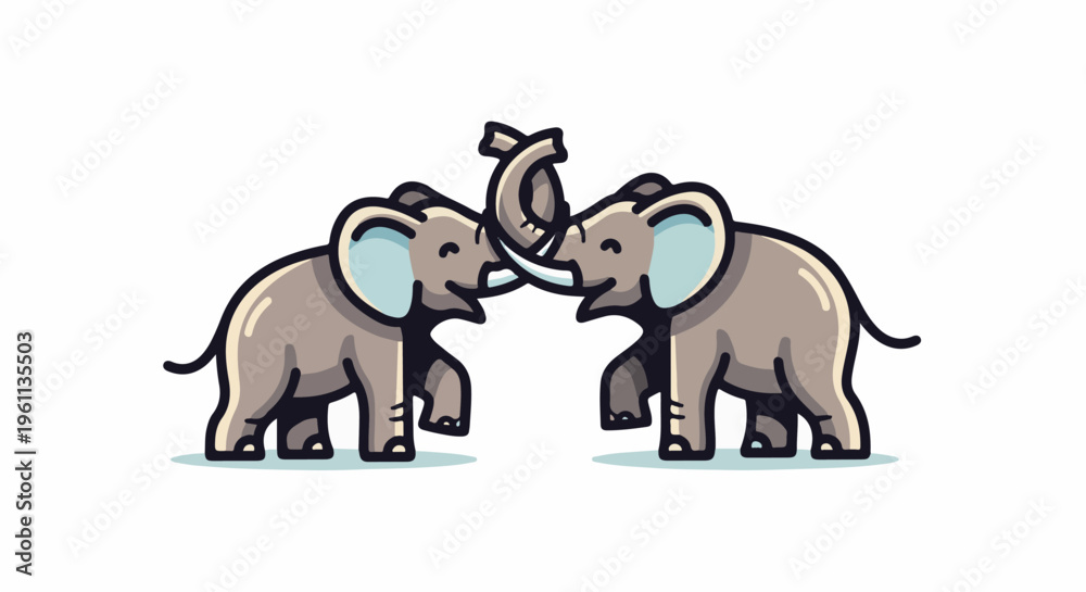 Fototapeta premium Two cartoon elephants playfully intertwine their trunks