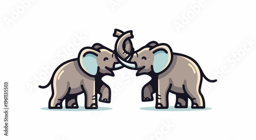 Two cartoon elephants playfully intertwine their trunks