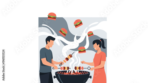 Couple enjoying a festive barbecue on Eid al-Adha, grilling meat and burgers in a lively outdoor setting, perfect for marketing, advertising, and lifestyle themes.