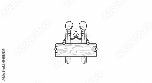 Two cartoon matches holding hands above a wooden sign