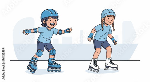 Two children enjoy recreational activities on roller skates and ice skates