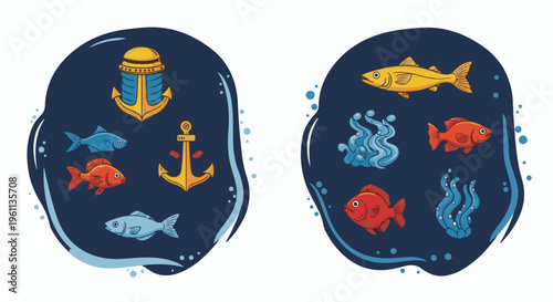 Two circular underwater scenes with marine life and nautical elements