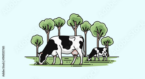 Two cows graze peacefully amidst a grove of stylized trees under a pale blue sky