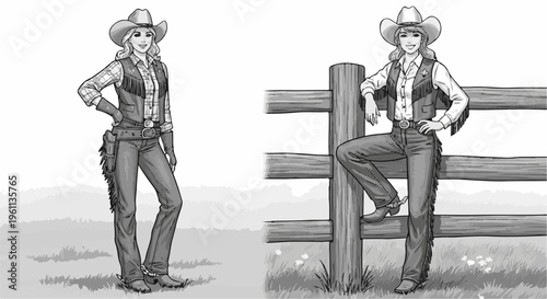 Two cowgirls in western attire, one standing, one leaning on a fence