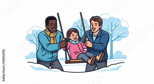 Two dads push their happy daughter on a swing in the snow