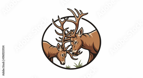 Two deer with antlers stand in a circle, with grass below