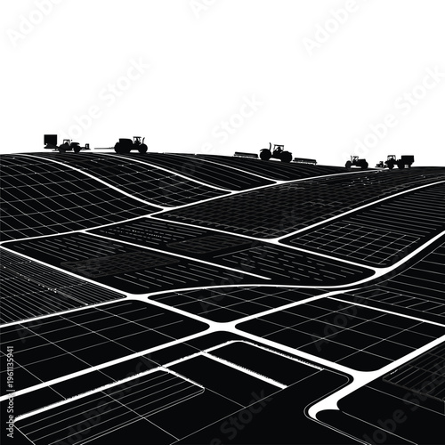 Black and white illustration of tractors on terraced farmland landscape