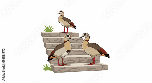 Three stylized Egyptian geese stand on stone steps with grass