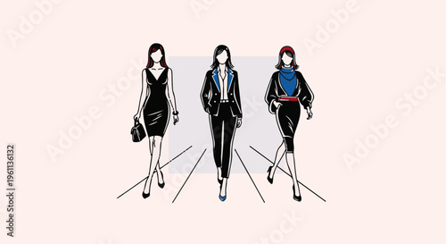 Three women dressed in stylish business and evening wear walk forward
