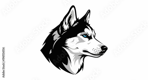 Stylized illustration of a husky dog's head with piercing blue eyes