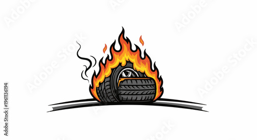 Tire engulfed in vibrant flames, emitting dark smoke, on a road