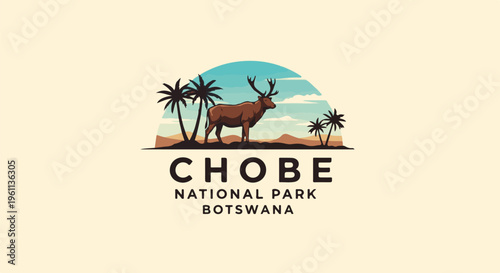 Stylized illustration of a majestic antelope amidst palm trees and desert