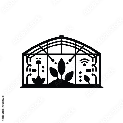 Smart greenhouse with growing plants and automated environmental controls