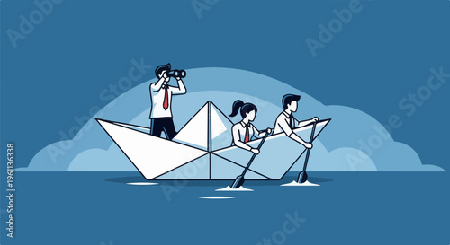 Team navigating a paper boat with one person spotting ahead, leadership concept