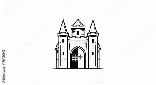 Stylized illustration of a medieval castle with a large gate