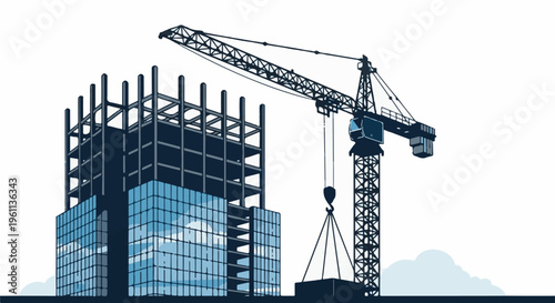 Towering crane lifts materials to skyscraper under construction