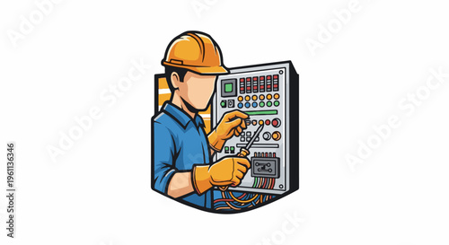 Technician in hard hat works on electrical panel