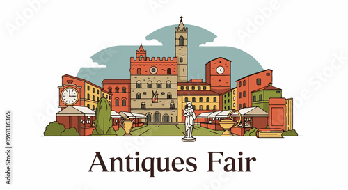 Town square scene with market stalls, antique buildings, and statues