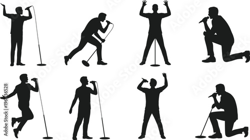 Vector silhouettes of singers and performers with microphones in expressive stage poses showing music, concert, entertainment, performance, energy, passion, and illustration.