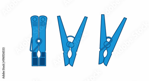Three blue clothes pegs shown from different angles against a white background
