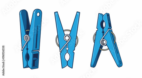 Three blue clothespins shown from different angles, isolated on white