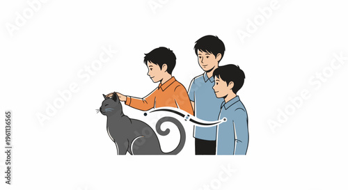 Three boys interact with a gray cat, one boy petting it
