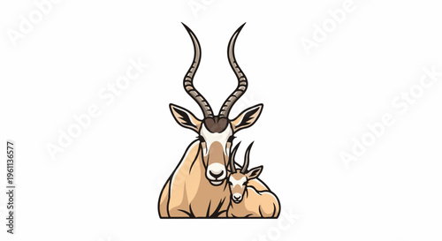 Stylized illustration of a mother and baby gazelle with large curved horns