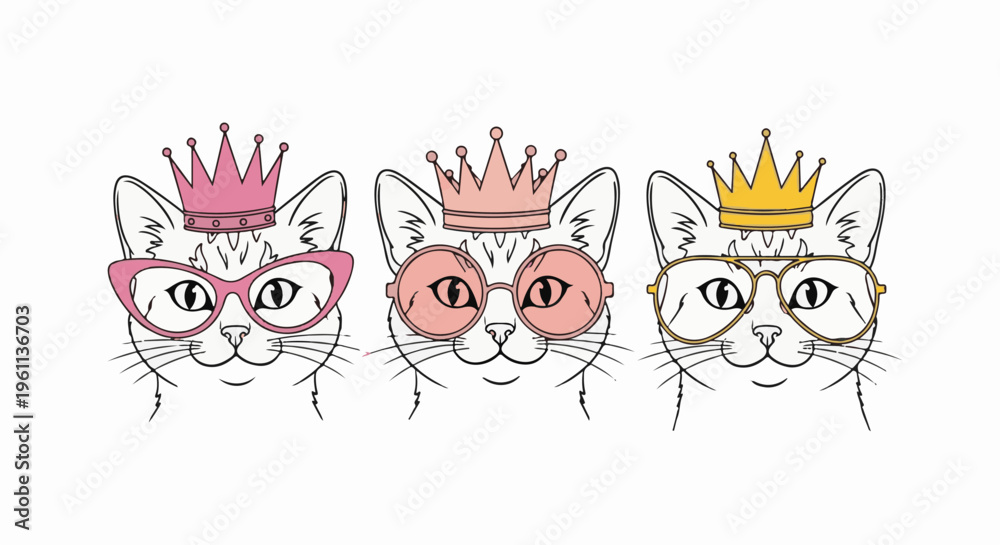 Fototapeta premium Three cats wearing crowns and stylish glasses