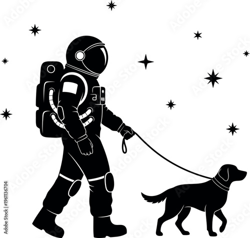 Astronaut walking dog in space with stars background illustration