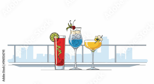 Three colorful cocktails on a railing with city skyline background