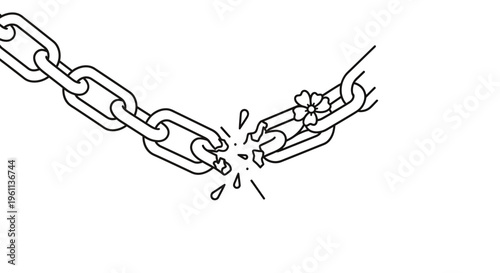 Broken chain link, cracked metal chain, snapped link, broken bond, fractured connection