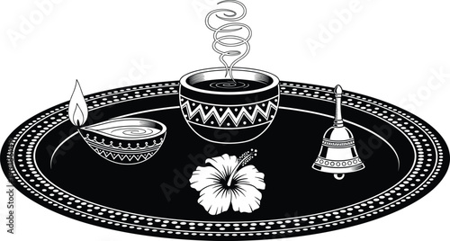Traditional Indian puja thali vector illustration with diya lamp, steaming bowl, bell, hibiscus flower, and ornate decorative design symbolizing Hindu worship, devotion, and cultural rituals.