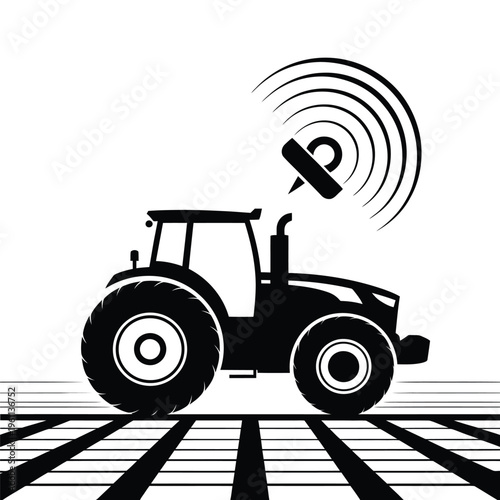 Black and white illustration of a tractor with wireless signal waves