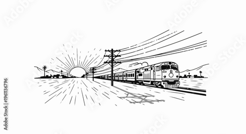 Train travels through a desert landscape at sunrise with power lines