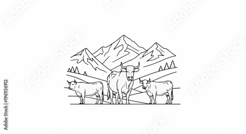 Three cows stand in a pasture with rolling hills and mountains behind them