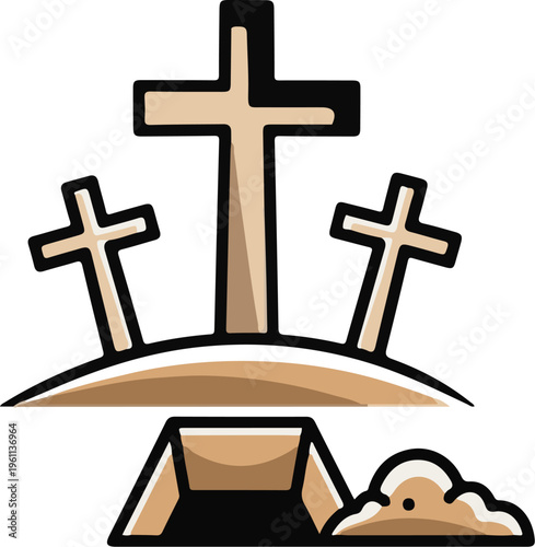 Three crosses stand over an open grave and mound of earth