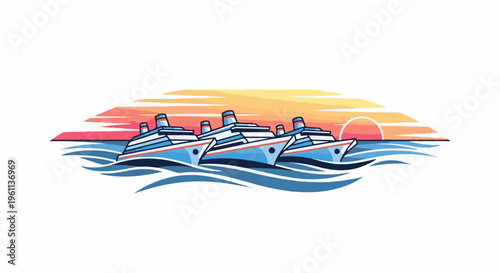 Three cruise ships sailing on wavy ocean under a colorful sunset