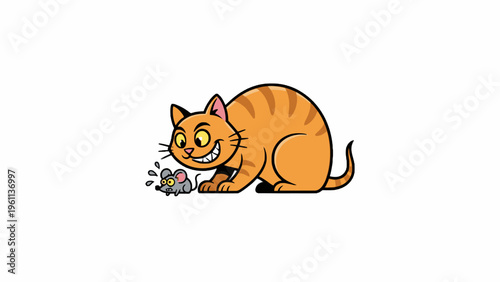 Orange cat hunting small mouse cartoon vector illustration