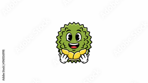Durian fruit character mascot holding pulp isolated on white