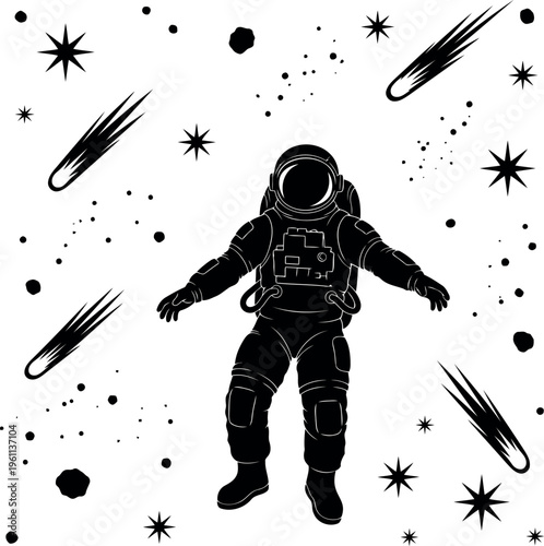 Astronaut Suit Floating Among Stars and Comets in Space Illustration