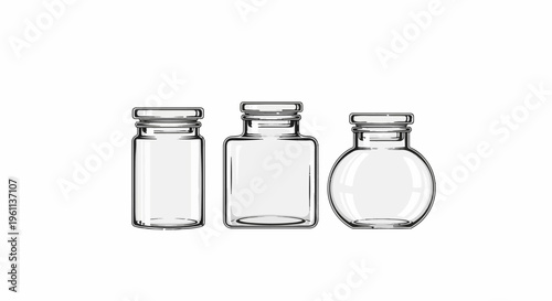 Three empty glass containers of varying shapes with lids