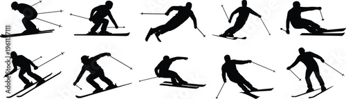 Vector silhouettes of skiers in dynamic winter sports poses with ski poles and skis, showcasing agility, speed, balance, and athletic illustration design