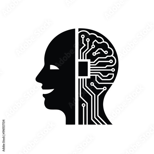 A human head silhouette merging with a digital circuit board design