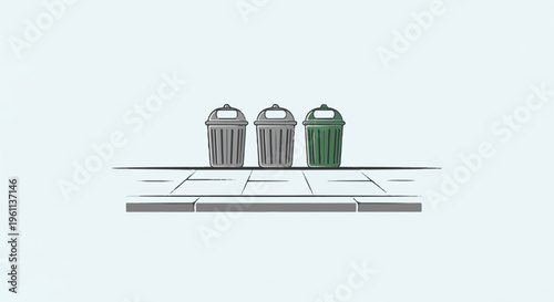 Three distinct garbage bins stand lined up on a tiled sidewalk