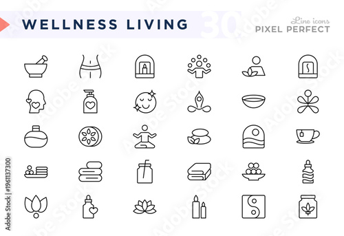 Wellness Living line icon set. Mindfulness, creating, flower, yoga, health, lotus flowers, candles, icon collection