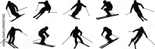Vector silhouettes of skiers in dynamic winter sports poses with ski poles and skis, showcasing movement, agility, and athletic illustration design