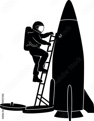Astronaut Climbing Ladder Onto Space Rocket Launch Vehicle